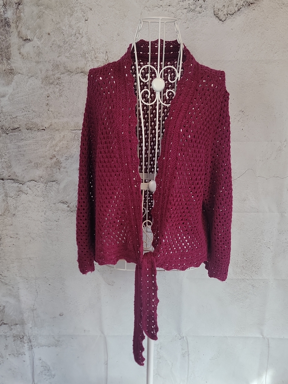 Crocheted Open-Weave Tie-Front Sweater Cardigan - Burgundy Womens Size M/L